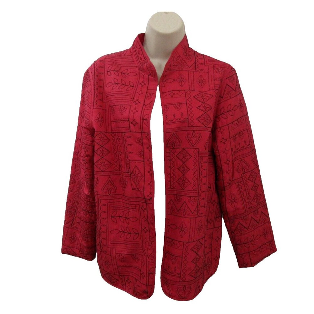 Alfred Dunner Jacket Sz 10 Open Front Embroidered Patchwork Red wBlack Stitching